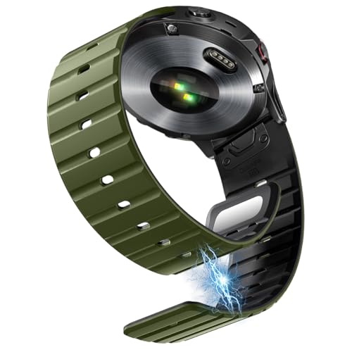 Strong Magnetic Sport Bands Compatible for Garmin Fenix 8/7/6/5 Band,Quick Fit 22mm Adjustable Silicone Wrist Strap with Stainless Steel Clasp for Forerunner 935/945/Epix Gen 2/Approach S62/S60/MARQ (Army, 22MM)