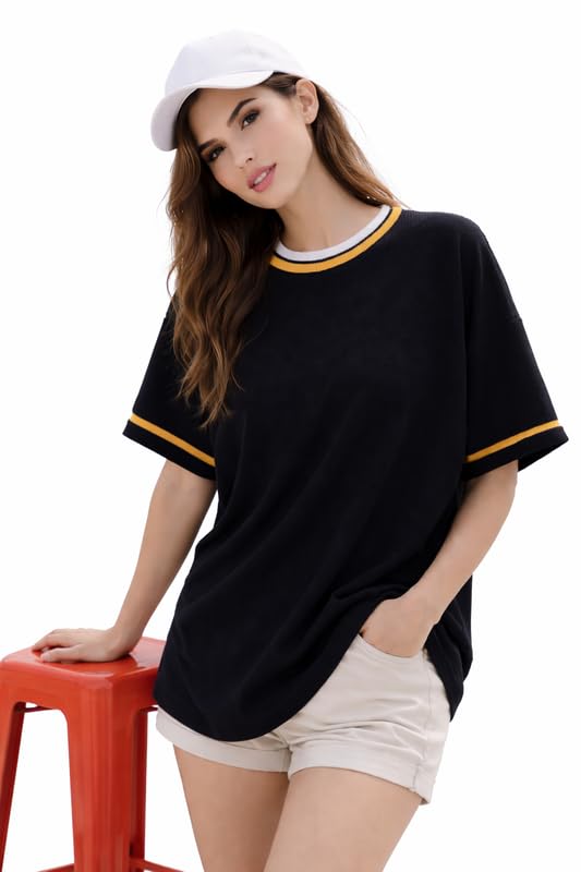 Image of London Hills Women's Waffle Texture T-Shirt | Loose Fit Casual Summer Top | Round Neck with Contrast Rib Collar & Sleeve Stripe | Soft Breathable Half Sleeve Tee