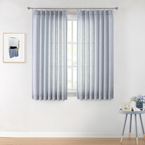Image of Vision Home Pinch Pleated Blue Semi Sheer Curtains Textured Light Filtering Window Curtains 63 inch for Living Room Bedroom Rayon Blended Chambray Blue Pinch Pleat Drapes with Hooks 2 Panels 40 inchWx63 inchL