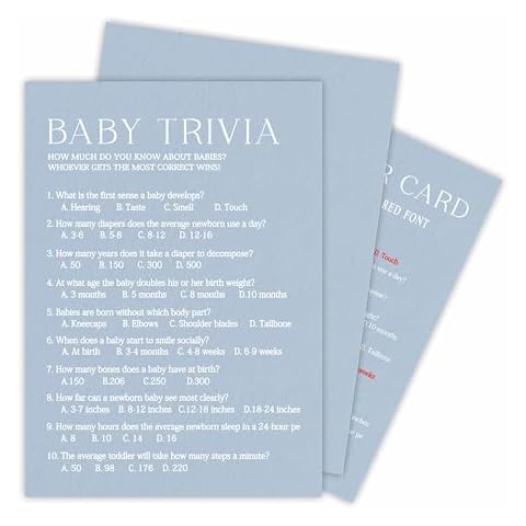 Baby Trivia Game Kits For Baby Shower - Minimalism Sky Blue - 30 Fill In The Blank Game Cards With 1 Answer Card Each Set, Gender Reveal, Gender Neutral，Party Favor & Decor - B06 Cover