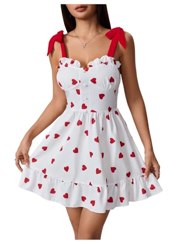 WDIRARA Women's Heart Print Bowknot Sleeveless A Line Short Dress Backless Trendy Swing Dresses Red...