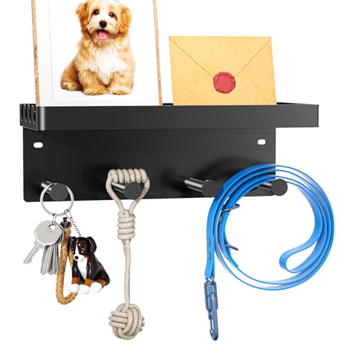 LOXSUN Hundegarderobe mit Ablage, Metall Dogstation Hundegarderobe Hundeleinen Halterung Wand, Schlüsselhalter Schwarz, Schlüsselbrett Ohne Bohren mit 4 Haken für Schlüssel, Hundeleine, Beißleine