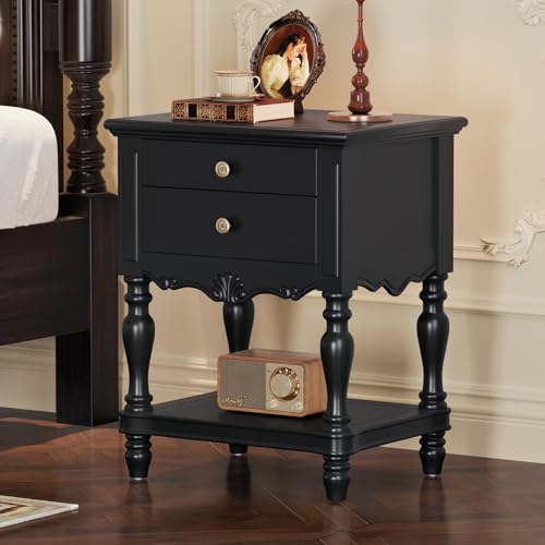 Solid Wood Nightstand Black - Vintage Wooden Bedside Table with Drawers, Mid Century Modern Solid Wood End Side Table for Bedroom Living Room