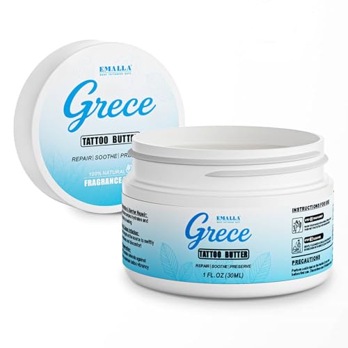 EMALLA GRECE Tattoo Butter - Bálsamo vegano para cuidado post-tatuaje, 30 ml, para la frescura y existentes, reparación de la piel, protección del color, no graso, sin fragancias