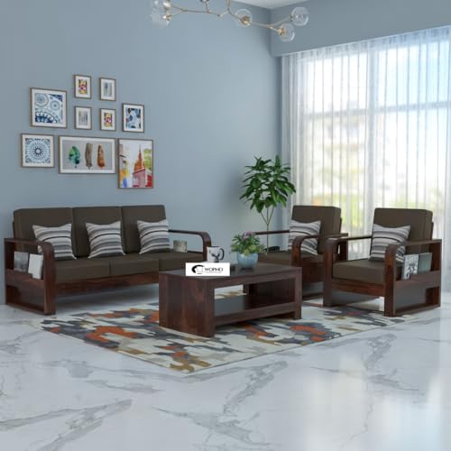 Image of Solid Sheesham Wooden 5 Seater Sofa Set for Living Room | Sofa Set with Side Pocket Storage & Cushion | Rosewood Sofa Set for Home (Walnut with Brown Cushion, 5 Seater)