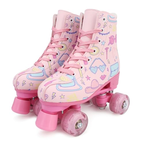 Pink Roller Skates with Flashing Wheels - Adjustable Size, Triple Safety Protection, and Comfortable Design for Girls