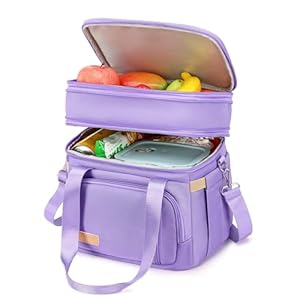 Lunch Box for Men Women – Double Deck Insulated Lunch Bag, Large Leak Proof Tote Cooler, Wide Open Dual Compartment Lunch Bags with Shoulder Strap, For Work Picnic Hiking Beach, Purple