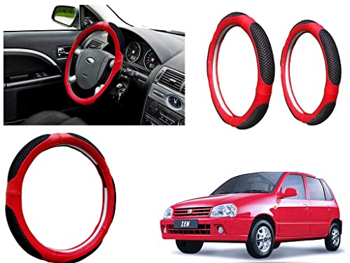 Image of Microfiber Car Steering Wheel Cover, Soft Padding Great Hand Feel, Anti-Slip, Faux Leather Steering Cover for Maruti Suzuki Zen | Black Red Jali - Pack of 1