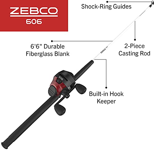 Zebco 606 Spincast Reel And Fishing Rod Combo, 6-Foot 6-Inch 2-Piece Fiberglass Fishing Pole With Eva Handle, Size 60 Reel, Quickset Anti-Reverse Fishing Reel, Right-Hand Retrieve, Black/Red #TOP1
