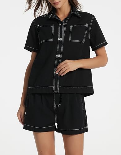 Image of Kedera Summer Denim Set for Women 2 piece Casual Short Sleeve Boxy Shirt Tops and Shorts Pants Lounge Sets Outfits