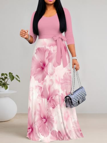 Image of PinkPatty Plus Size Maxi Dress for Women Casual V Neck 3 /4 Sleeve Boho Printed Long Dress with Pockets