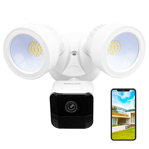 Buy 1 get 1 SoulLife Floodlight Camera, 1080P HD Outdoor Security Camera Motion-Activated Security Cam Two-Way Audio and Siren Alarm, 2200-Lumen Brightness, IP65 Waterproof, Compatible with Alexa (A-White)