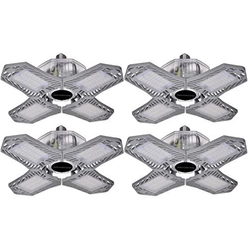 150W Garage Lamp Deformable, Retractable 4 Leaf Ceiling Light Fixtures E26/E27, 15000Lm 6500K Cold White Workshop Lights for Factory Parking Warehouse Basement Workbench Workshop, 4 Pack
