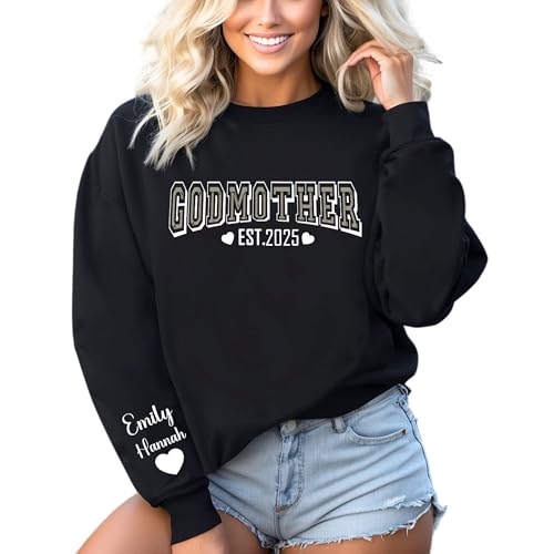 Generic Unisex Adult Women's Custom Godmother Sweatshirt, Personalized Godmom Shirt, Gift for Godmother, Gift for New GodMom, Black, Small