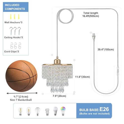 8" Plug in Pendant Light Corded Hanging Lights with Plug in Cord Hanging Lamp Plug in with 16.4 Ft Cord Mini Chandelier for Bedroom Kitchen Island Hallway Bathroom Closet (Gold) by HongnuoFc - Image 6
