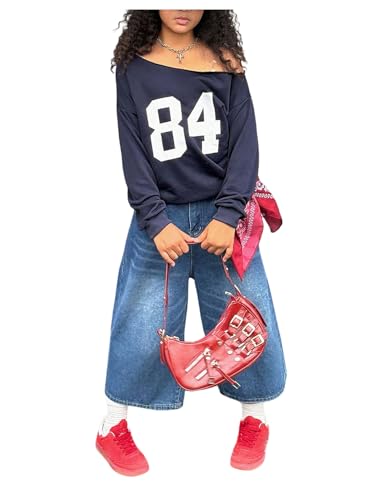 Girl's Number Jersey Sweatshirt Long Sleeve Off The Shoulder Sweatshirt Tops Pullover Streetwear