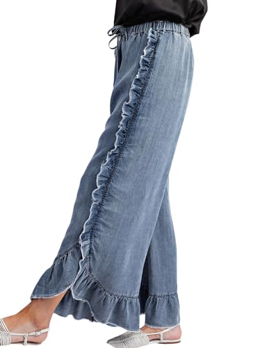 Jeans for Women 2024 Summer Boho Ruffles Raw Hem Drawstring Wide Leg Denim Pants2
