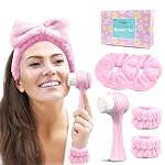 Spa Headband for Washing Face, Skincare headband and wristband set, Facial Cleansing Brush, 2-in-1 Skin Care face Brush, Come with a Hair Scrunchie, For Massaging Makeup Skincare -Pink