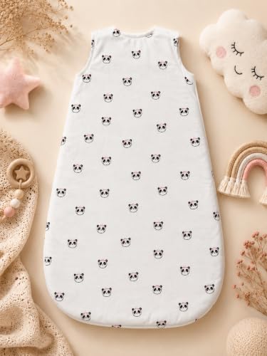 Image of TuddyBuddy Baby Cotton Wearable Quilted Sleeping Bag Blanket 1.5 Tog with 1 Way Zipper Closure | Ideal for Babies & Kids Hypoallergenic Fabrics | (Panda with Hair Bow - Off White, 12-18 Months)