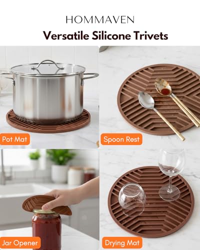 Image of Silicone Trivet Mats, Set of 3, Heat and Slip Resistant, Multipurpose Non-Slip Hot Pads for Kitchen Potholders, Jar Opener, Spoon Holder, Food Grade BPA Free, 6.5mm Extra Thick, (Brown)