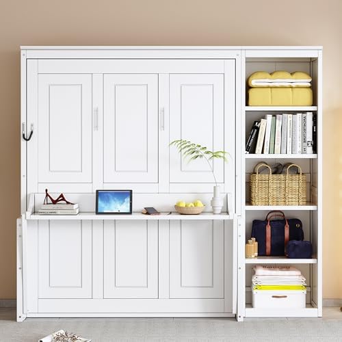 Merax Full Size Murphy Bed, Wood Wall Murphy Bed with Desk and Bookshelf, White