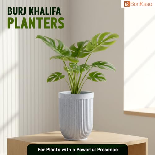 Image of Bonkaso 18 Inch Burj Khalifa Ribbed Planter for Indoor & Outdoor Use | Round Heavy Duty Polymer Flower Pot | Lightweight Weather Resistant Modern Gamla for Living Room Balcony & Terrace (White)