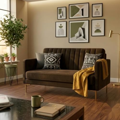 Image of Velum 3 Seater Sofa for Living Room & Office | Premium Fabric Upholstery | Solid Wood Frame | Comfortable Seating | 3 Years Warranty (Dark Brown, 2 Seater Sofa)