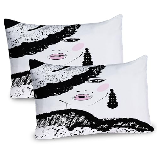 Ambesonne Teen Room Pillow Sham Set of 2, Baroque Abstract Woman Face and Patterned Hat Old Fashioned Design, Quality Microfiber Bedding Item for All Seasons, 26