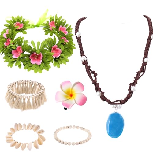 Carreuty Lot de 6 accessoires de princesse Chaîne de princesse hawaïenne - Bandeau fleur - Pince à cheveux - 3 coques - Accessoire de fête pour filles - Anniversaire