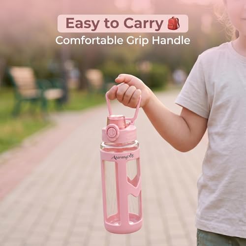 Image of Atarangi Round Pink Kawaii Water Bottle 700ml for Kids Girls | Leak Resistant Flip Top Lid | 90 Rotatable Handle | Durable Plastic Cute Drinking Bottle for School, Travel & Daily Use (Pink | 700 ml)