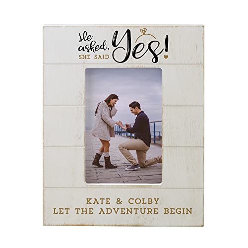 Personalization Universe Personalized “He Asked, She Said Yes” Shiplap 4x6 Vertical Picture Frame - Engagement, Wedding, Love, Couples Photo Frame, Customizable Home Decor
