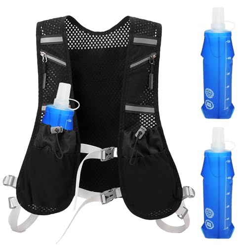 Laufweste für Damen und Herren, Running Vest mit 2X 500ml Trinkflasche, Reflektierender Laufrucksack, Verstellbarer Trinkweste Laufen, Marathon Zubehör, Lauf Weste für Läufe, Radfahren, Trails