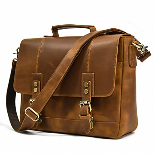Briefcase Retro Leather Handbag Large Capacity Flap Shoulder Bag Layer Cowhide Commuter Bag
