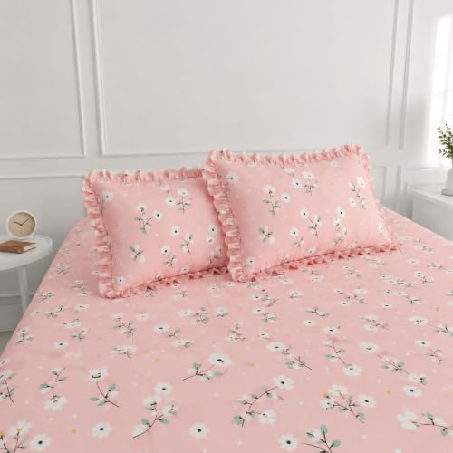 Image of Bluestrip Premium Polycotton Fitted Bedsheet for Double Bed with 2 Frill Pillow Covers | Floral Pink Printed Bed Sheet | All Around Elastic Deep Pocket | Soft | 72 x 78 Inches