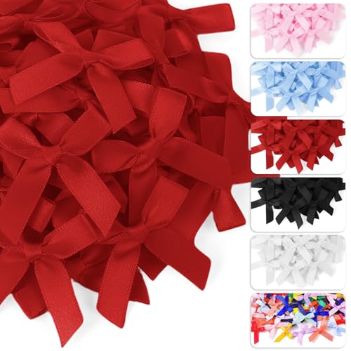 50 PCS Mini Satin Ribbon Bows for Crafts 1.57 Tiny Bows for Cheer Pins Gift Wrapping Christmas Ornament Hair Clips Scrapbook Wedding Baby Shower Party Treats(Red)