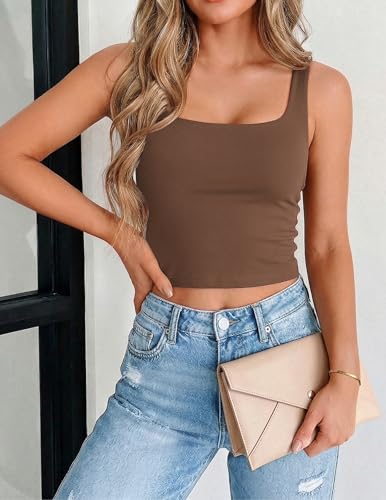 Zeagoo Women's Sexy Square Neck Sleeveless Trendy Going Out Crop Tank Top Summer Sleeveless Shirts Brown - image 2