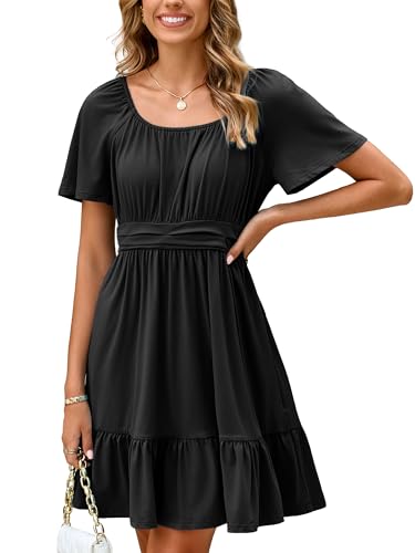 Image of Simplee Womens Summer Dresses 2026 Mini Square Neck Casual Short Sleeve Shirred Flowy A-Line Dress with Pockets