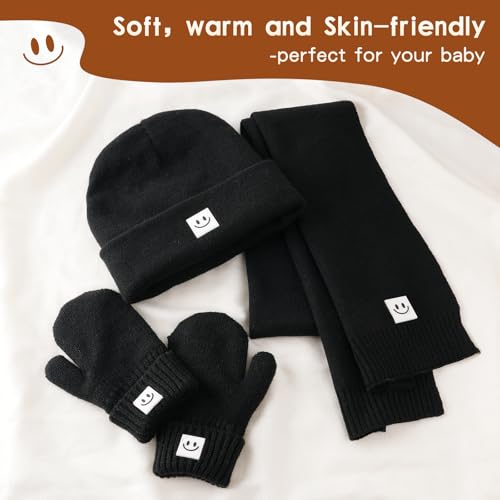 Toddler Baby Beanie Mittens Scarf Set, Knit Warm Winter Hat for Boys Girls Kids Cap Gloves Neck Scarf Fleece Lining3