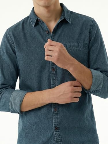 Image of Amazon Brand - INKAST Men Washed Cotton Twill Denim Casual Button Down Shirt | Full Sleeves | Regular Fit | Stylish Summer - Everyday Wear