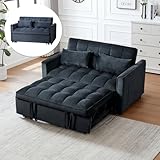 3 in 1 Convertible Sleeper Sofa Bed, Futon Couches for Living Room with Side Pocket | Adjustable Backrest| Velvet Fabric | Pull Out Couch | Love seat Sofa|2-seat Sofa Bed (Black)