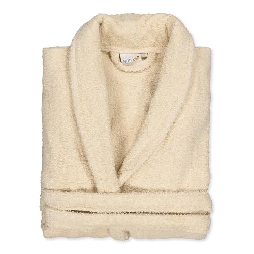 BOSKIMO - Albornoz Unisex - Albornoz de Ducha para Hombre o Mujer - 100% Algodón - Rizo - Disponible con Capucha (FR/ES, Letras, L, Regular, Regular, Beige, Sin Capucha)