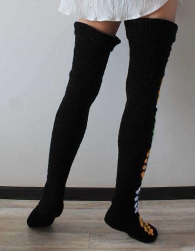 Image of Leoparts Crochet Thigh High Socks Granny Square Over Knee High Retro Knitted Stocking Colorful Leg Warmers