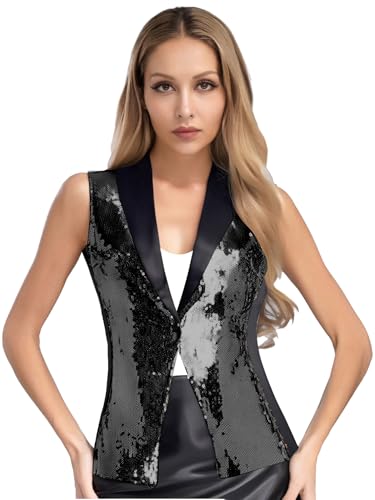 YiZYiF Women's Sparkly Sequin Waistcoat Top One Button Glitter Sleeveless Jacket Coat Disco Dance Vest3