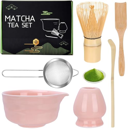 6 Stück Matcha Set Pink, Matcha Set inlk.Matcha Schale mit Ausgießer, Matcha Whisk, Besenhalter aus Keramik, Matcha Sieb...