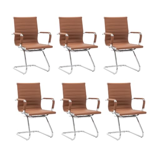 Image of HNY Leather Office Guest Chairs & Reception Chairs Set of 6, Modern Waiting Room Chairs with Arms, Desk Chair no Wheels with Sled Base for Waiting Room /Conference Room, Coffee