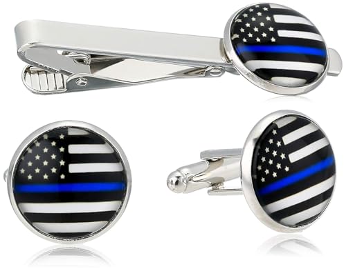 American Flag USA Tie Bar Clip and Cufflinks Set - Silver Colored Metal Plated - Luxury Clothing Accessories