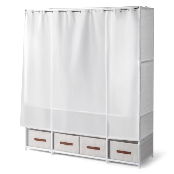 Stoffschrank 3 Kleiderstangen, freistehend, 144 cm | Kleiderschrank mit 4 Boxen & Vorhängen, moderner Aufbewahrungsschrank für Schlafzimmer, Garderobe und Retail, weiß