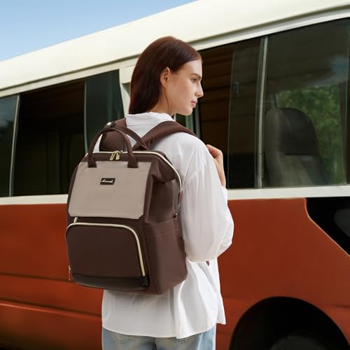 Image of LOVEVOOK Laptop Backpack for Women with Giant Tumbler Holder Pocket, 15.6 inch Travel Work Backpack Purse for Nurse Teacher, Waterproof Bag College Bookbag Casual Daypack Brown