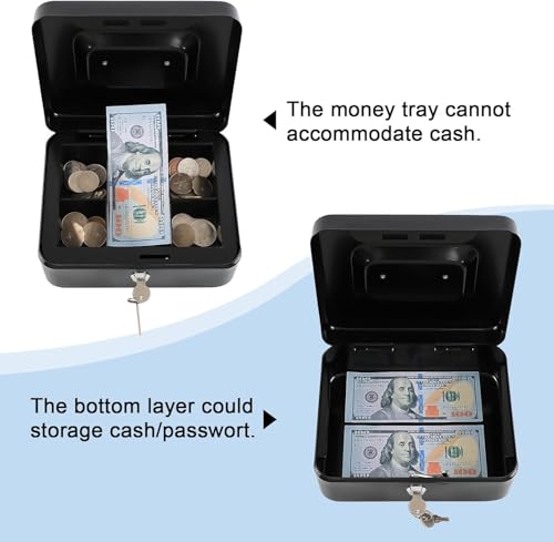Image of Cash Box with Lock & Key 8 Inch | Heavy Duty Steel Money Safe Box | Cash Storage Box with Removable Tray | 5 Coin Sections & Bill Compartment | Secure Cash Organizer for Home, Shop & Office