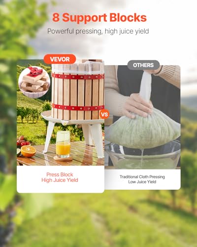 Image of VEVOR 3.2 Gal /12L Fruit Wine Press, Solid Wood Basket with 8 Blocks, Heavy Duty Manual Juice Maker, Cider Apple Grape Tincture Honey Olive Oil Making Press with Handle for Kitchen, Home